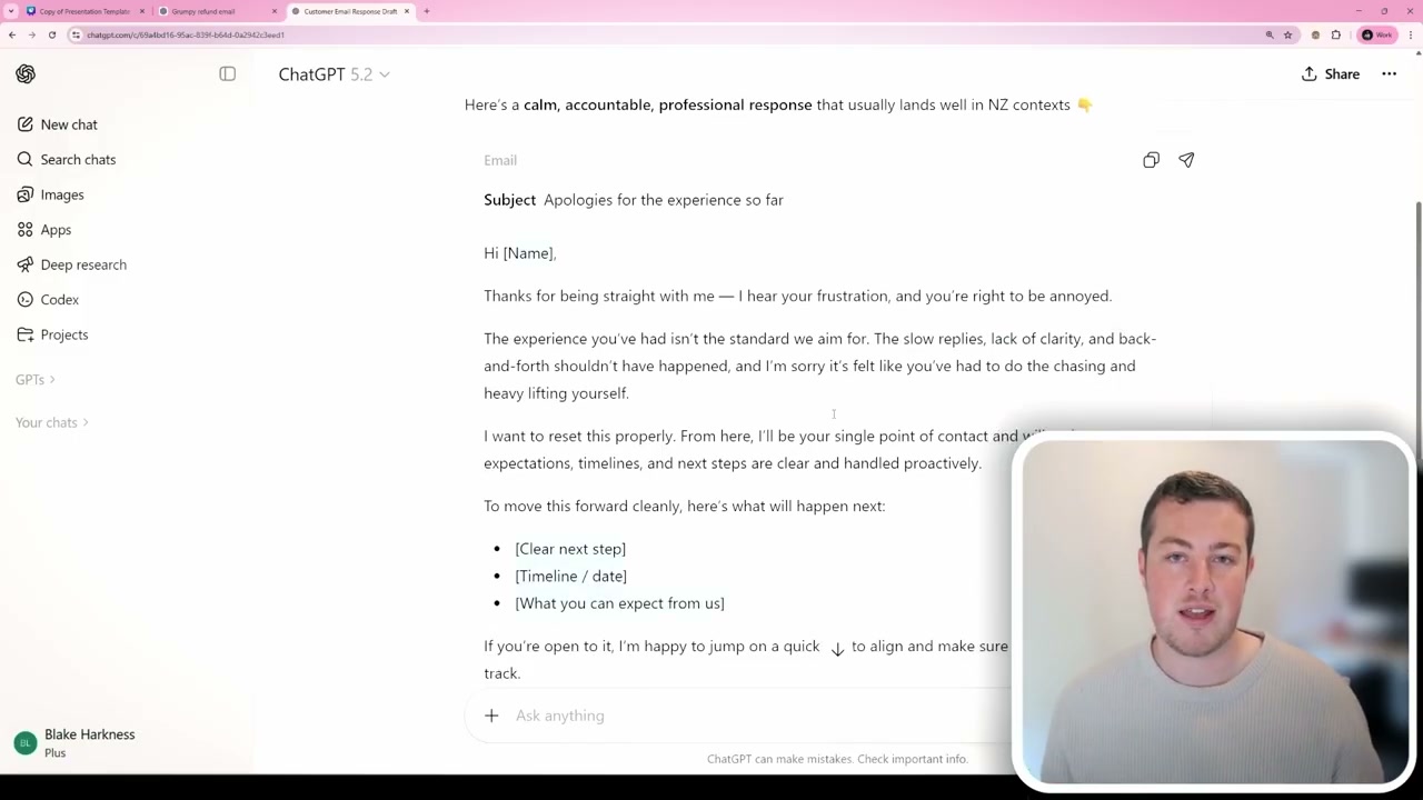 ChatGPT interface showing response draft functionality