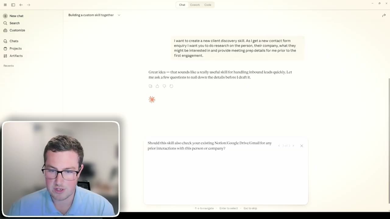 Building a client discovery skill with Claude by describing the inbound lead research workflow
