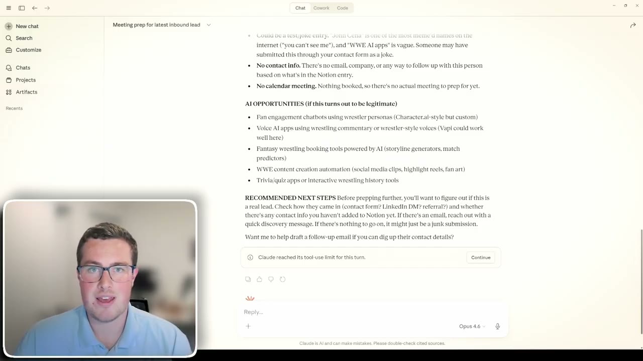 Claude meeting prep output showing AI opportunities and recommended next steps for a new inbound lead