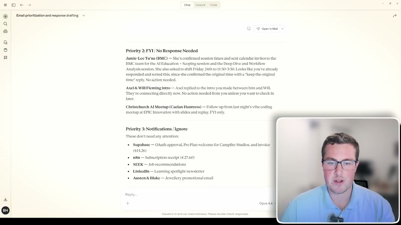Claude summarising and prioritising Gmail inbox into top-priority, FYI and notifications buckets