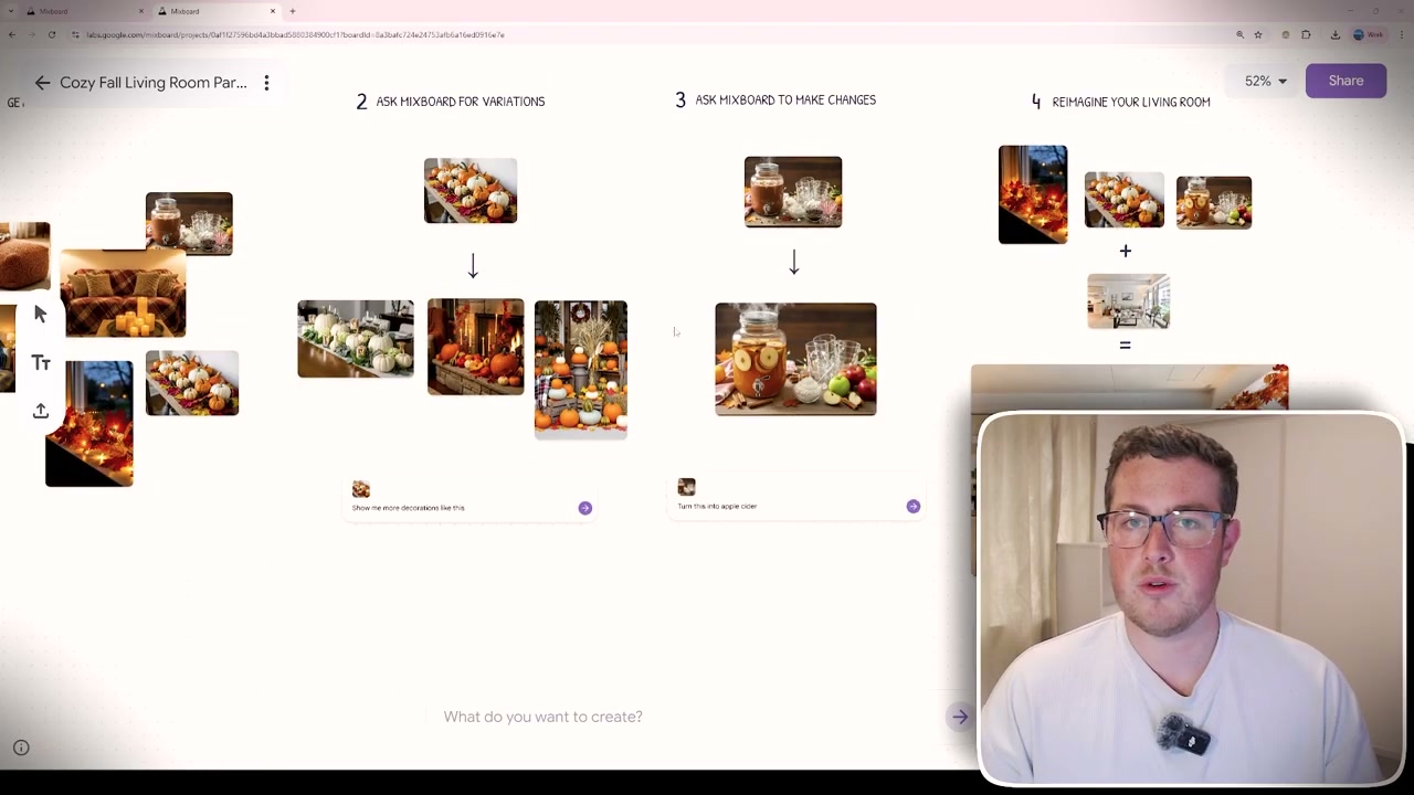 Mixboard interface showing visual mood board creation with food and beverage image arrangements and organisation workflow