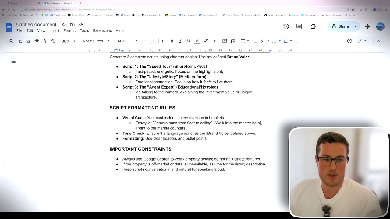 Google Docs showing real estate script generation with multiple script formats listed