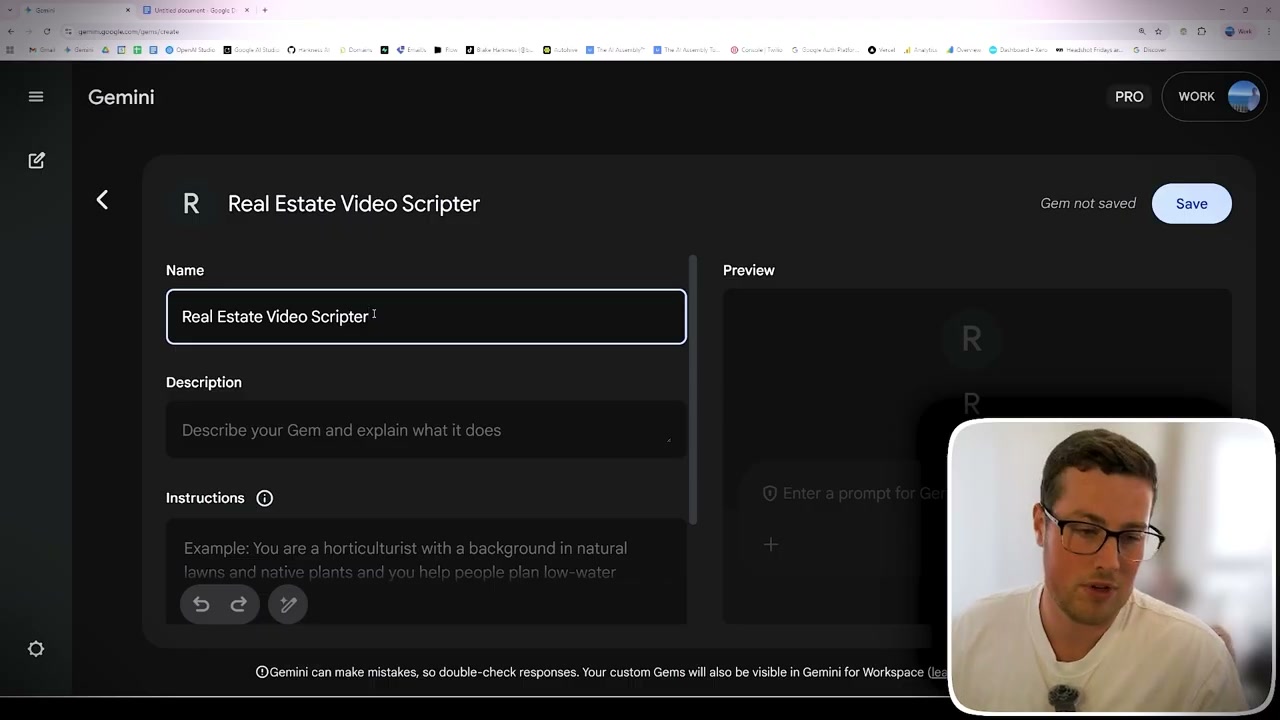 Google Gemini interface showing Real Estate Video Scripter custom Gem creation form