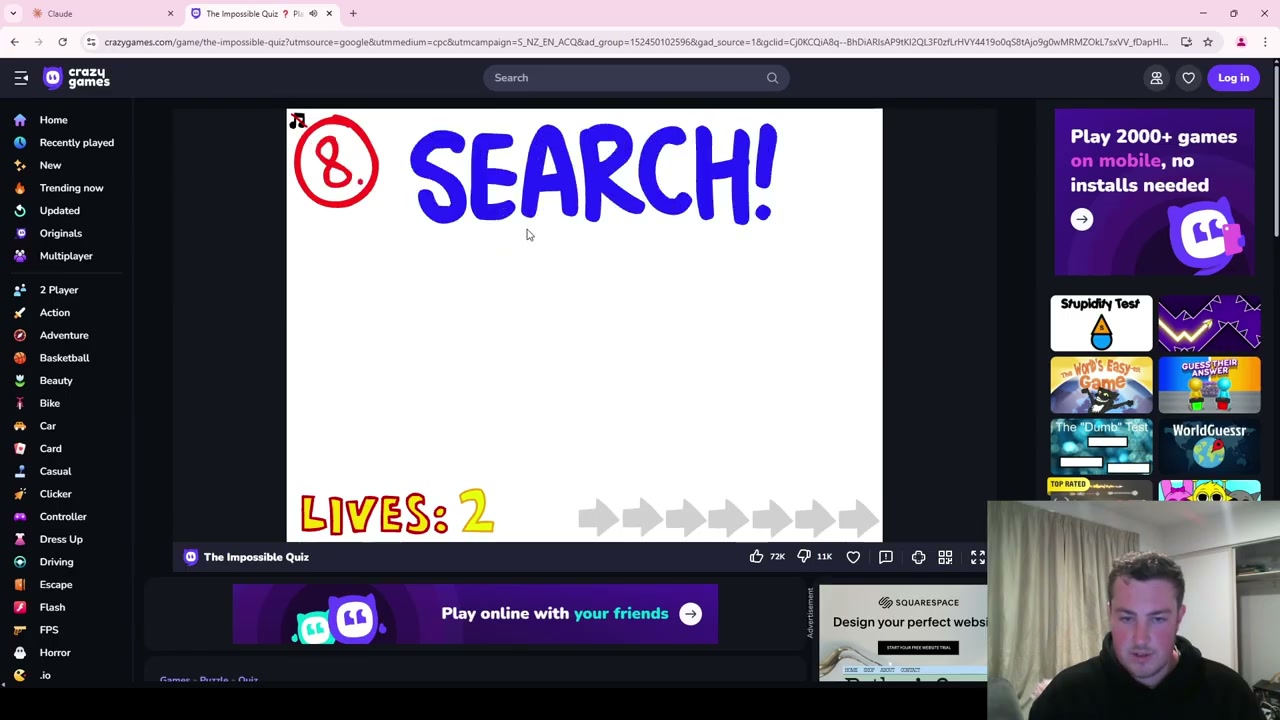 The Impossible Quiz game interface with SEARCH button