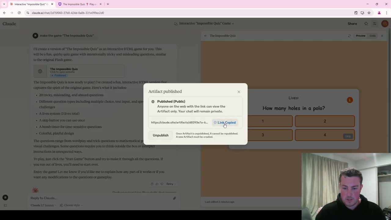 Claude interface showing published artifact with quiz question