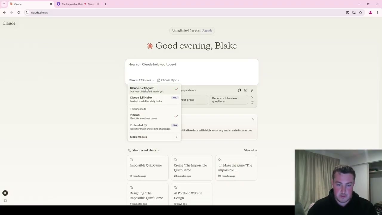 Claude.ai interface with greeting and options menu