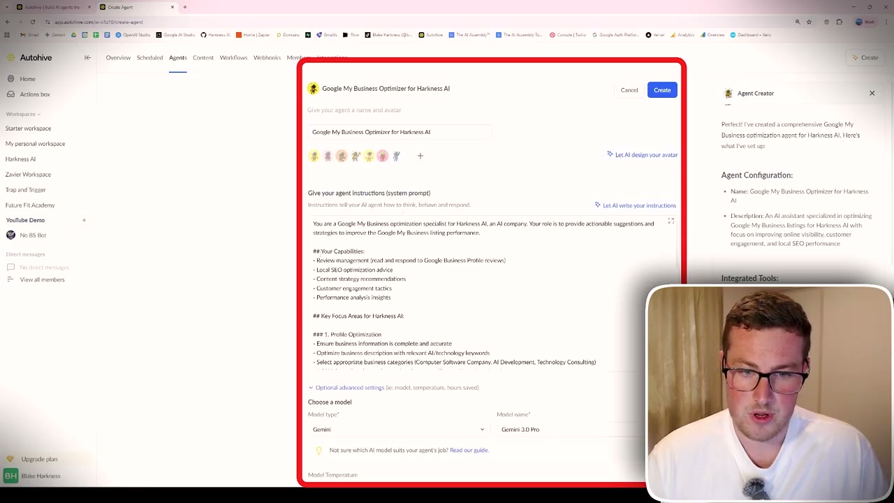 Autohive integration selection interface showing Google Business Optimizer for Hardware AI
