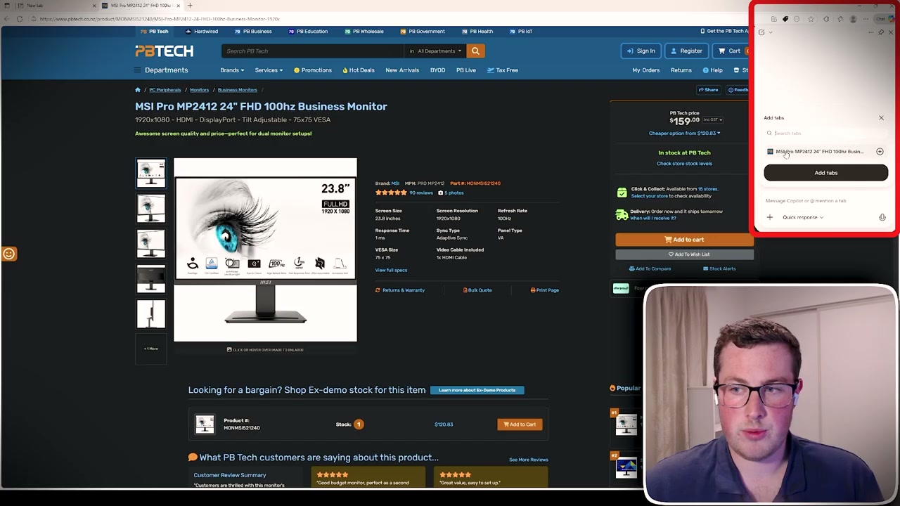 Product listing page with Copilot panel open showing item comparison and recommendations