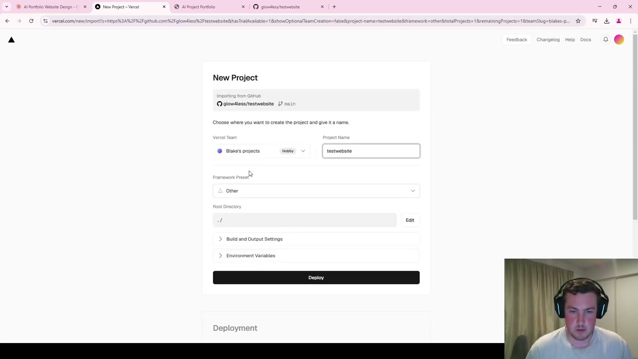 Vercel deployment setup interface with new project form