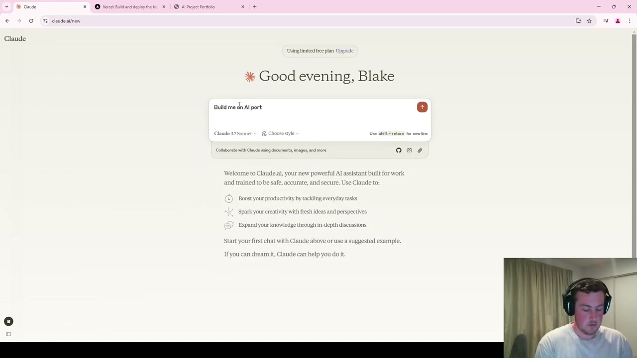 Claude.ai interface with portfolio building prompt