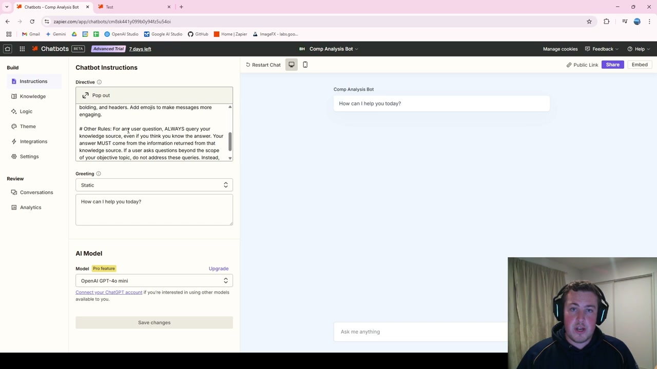 Zapier Competitor Analysis Bot chatbot interface showing instructions and AI model configuration