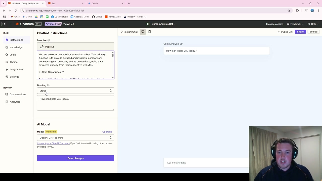 Competitor Analysis Bot test interface showing chatbot instructions and greeting message
