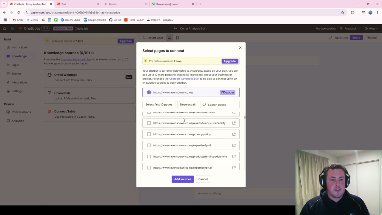 Zapier integration interface showing knowledge source selection for competitor analysis