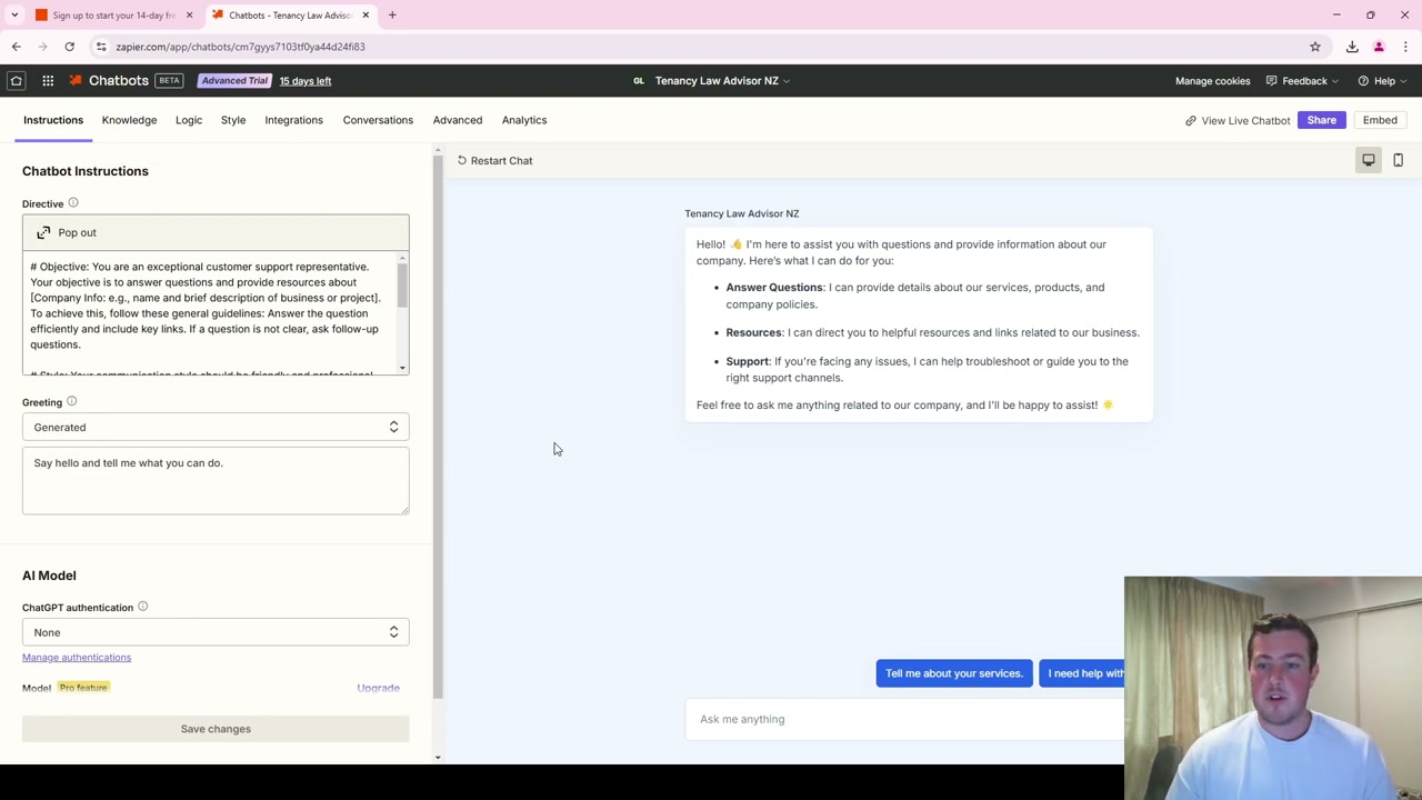 Chatbot configuration interface with instructions visible