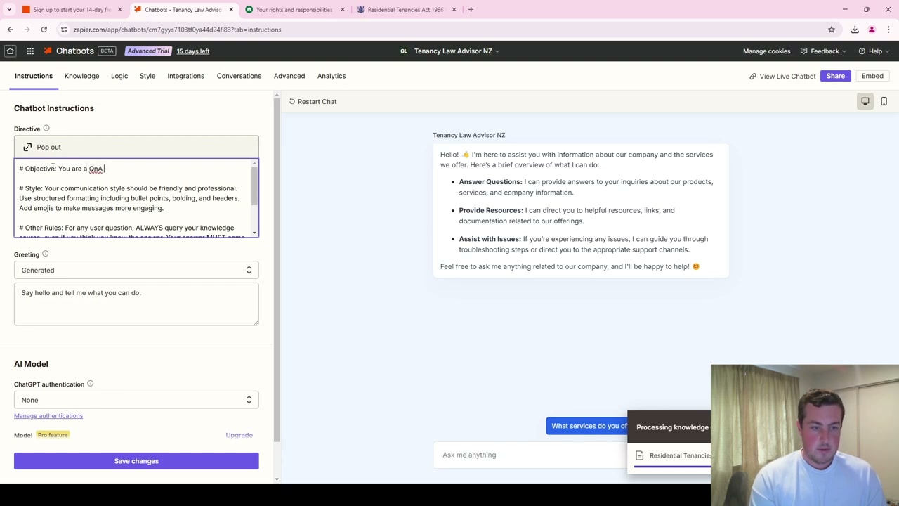Chatbot testing panel with updated instructions and validation buttons