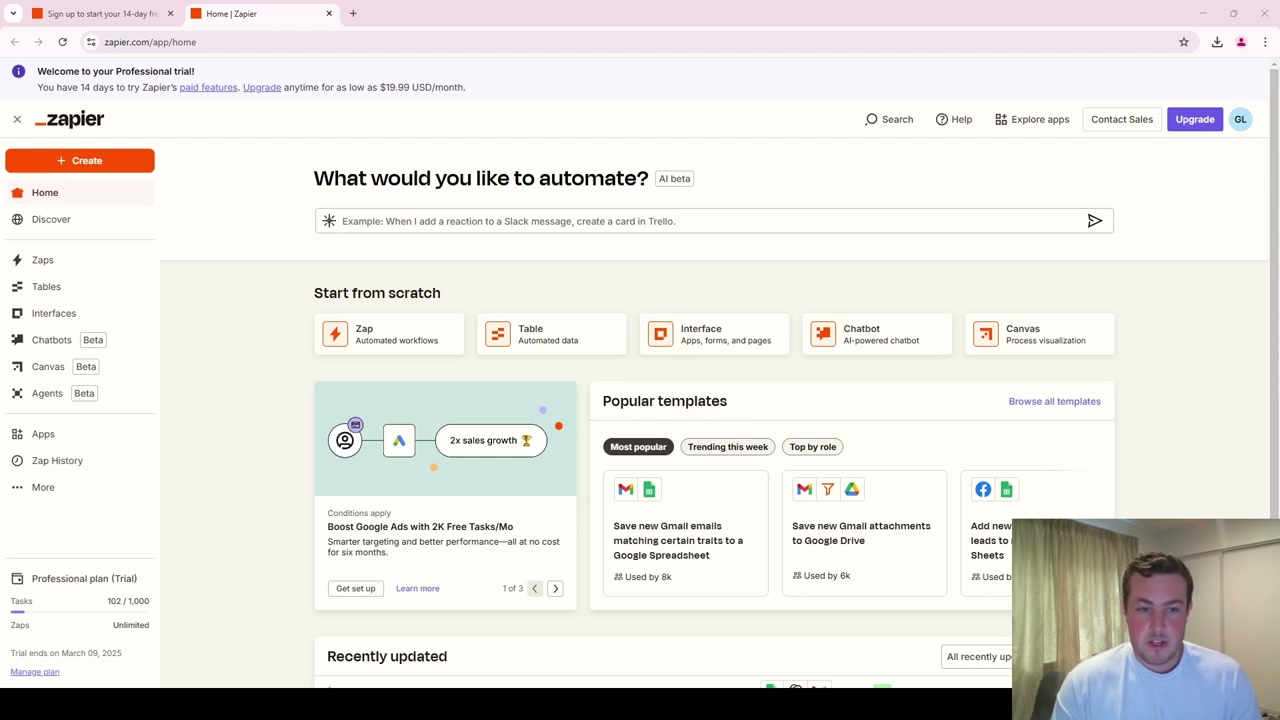 Zapier interface showing automation options and templates