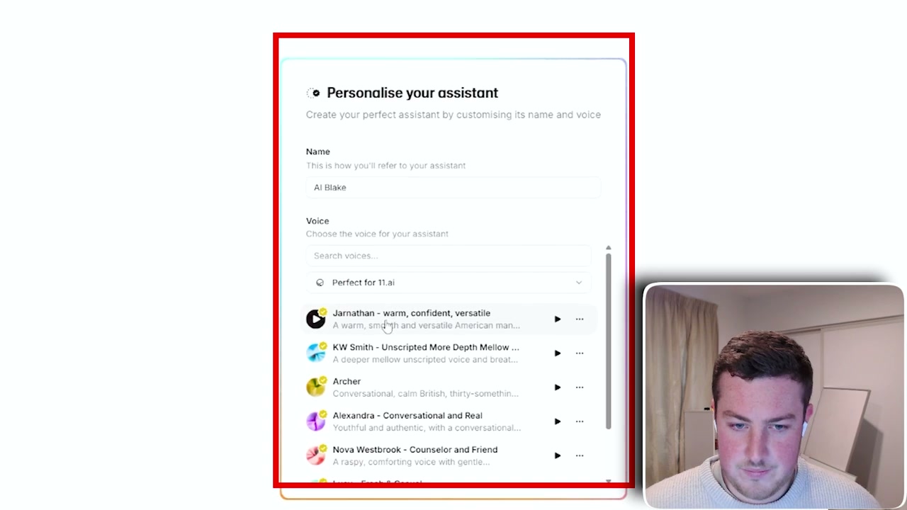 ElevenLabs voice selection interface showing different assistant voice options