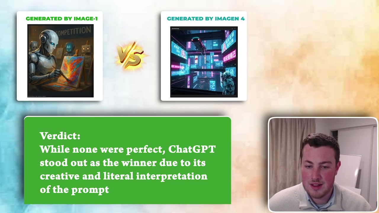 Comparison showing ChatGPT vs Imagen 4 results with verdict of ChatGPT winner