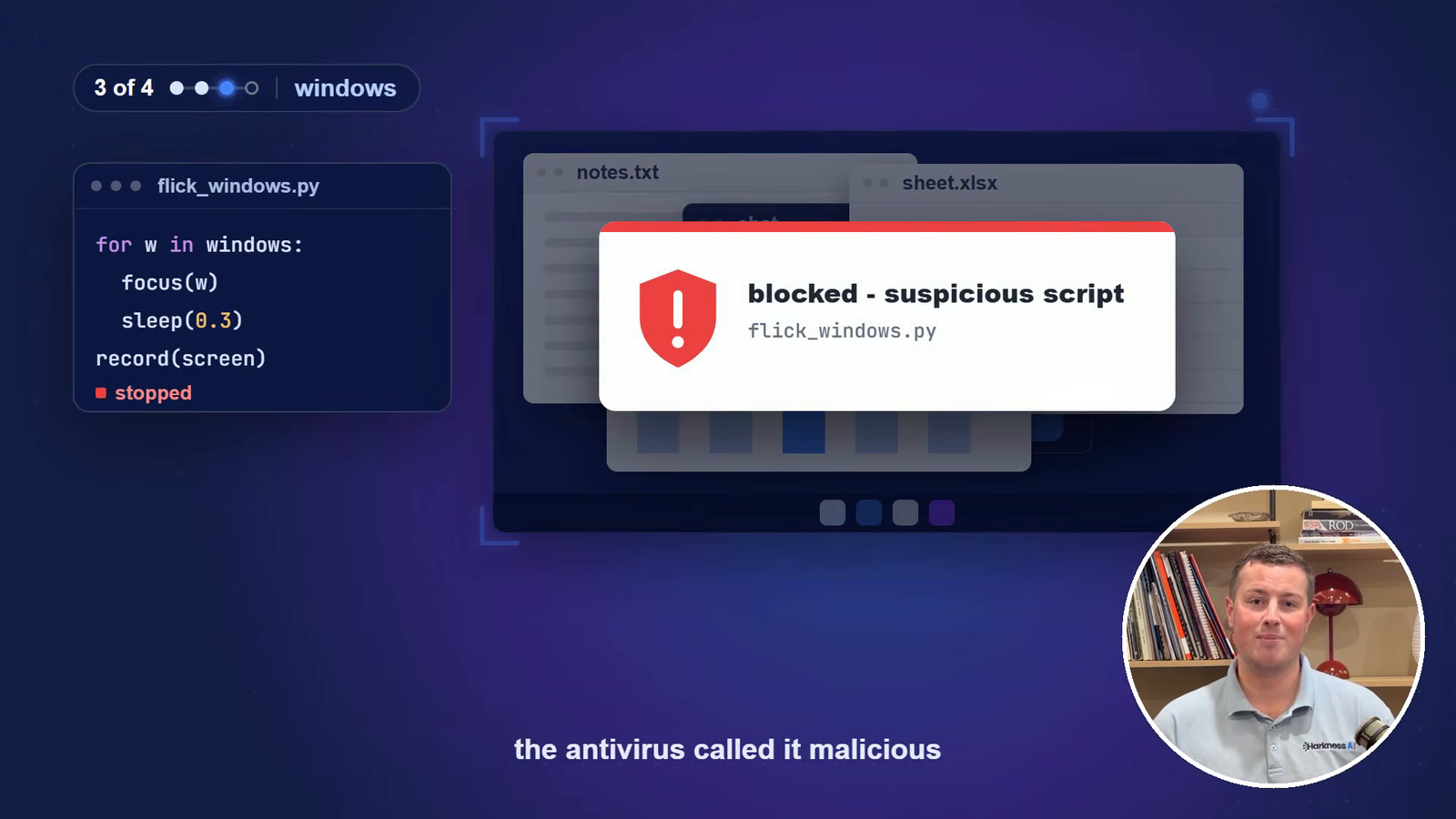 A flick_windows.py script that cycles window focus and records the screen, stopped by a blocked - suspicious script warning