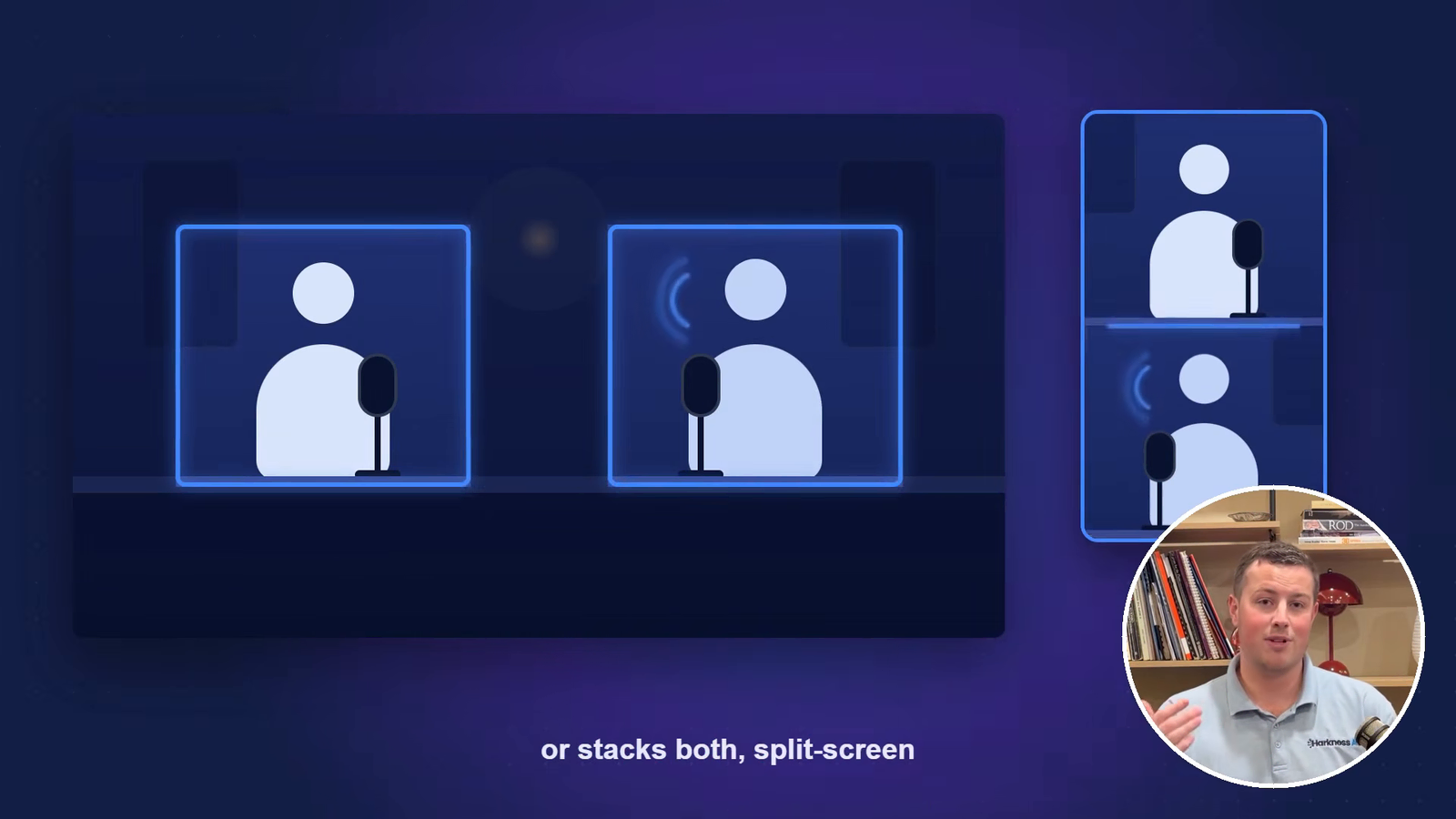 Illustration of a two-person podcast shot being reframed into a vertical short with both speakers stacked in a split screen