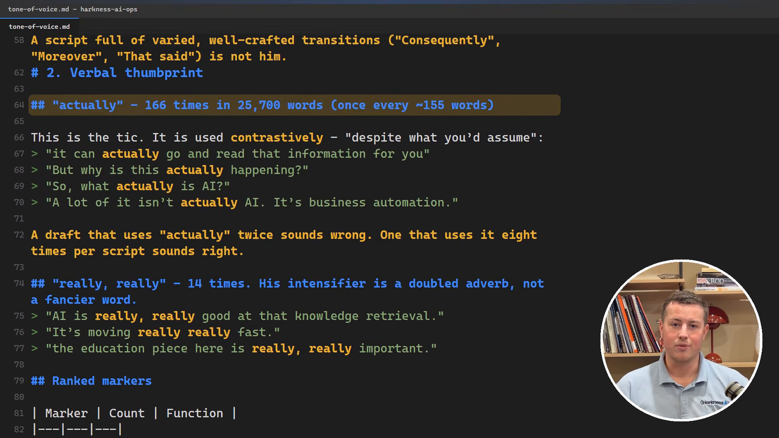 A tone-of-voice markdown file open in an editor, showing a Verbal thumbprint section that counts the word actually 166 times in 25,700 words, with example quotes