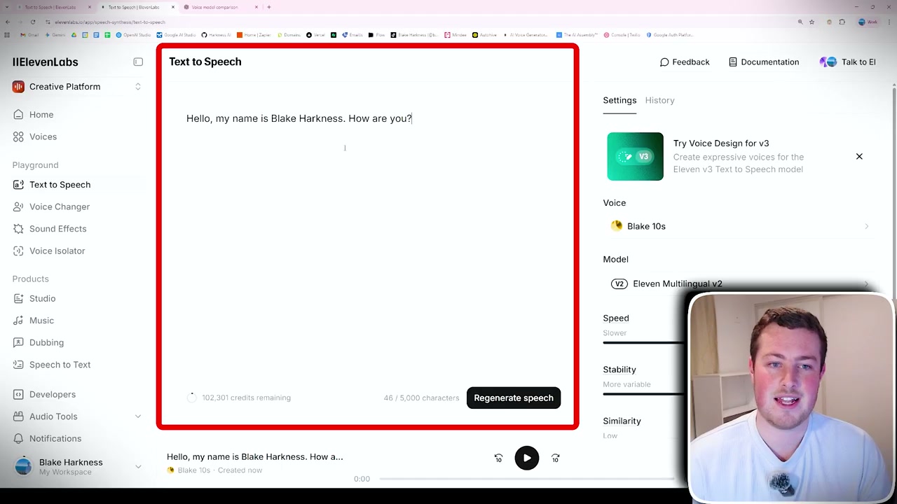 ElevenLabs Text to Speech interface showing Blake's cloned voice generating speech