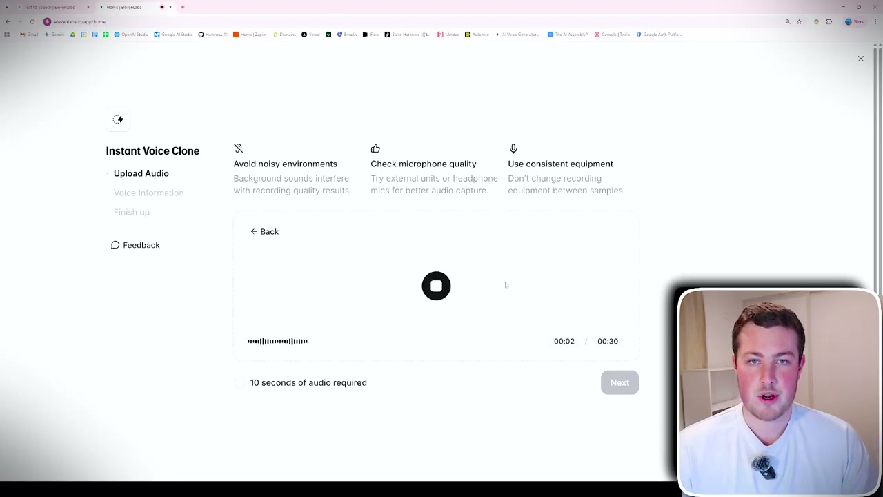 ElevenLabs instant voice clone interface with audio upload requirements and tips