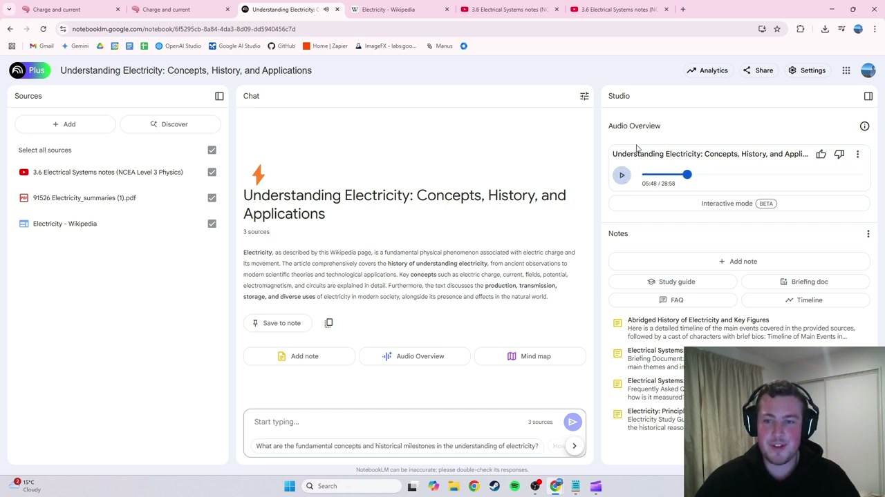 NotebookLM interface showing interactive podcast mode with audio overview panel
