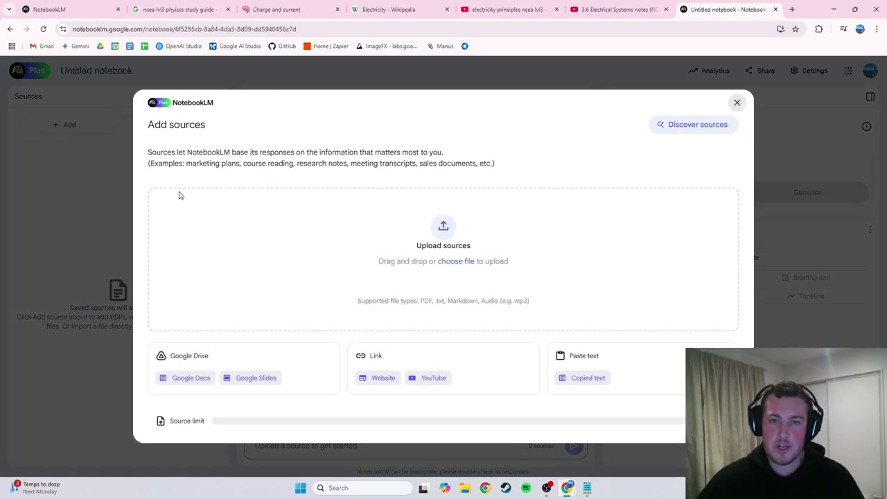 NotebookLM 'Add sources' dialogue showing upload options and integration choices