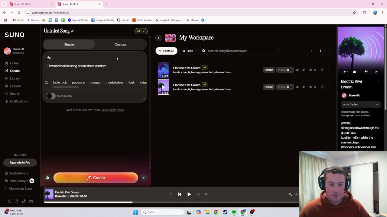 Suno create page showing simple mode interface with design and custom tabs