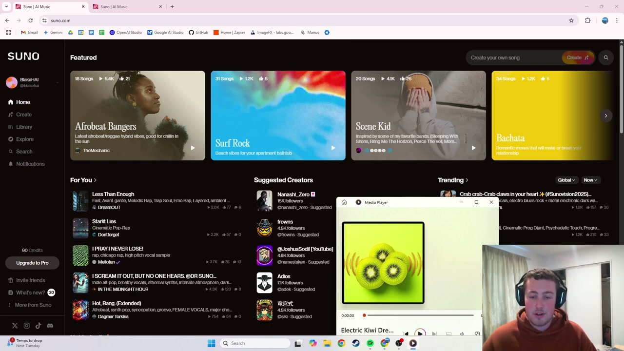Suno homepage showing featured music tracks and create button with sidebar navigation