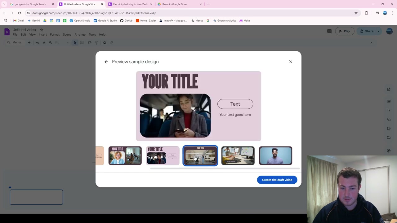 Template preview showing multiple video design options with titles and layouts