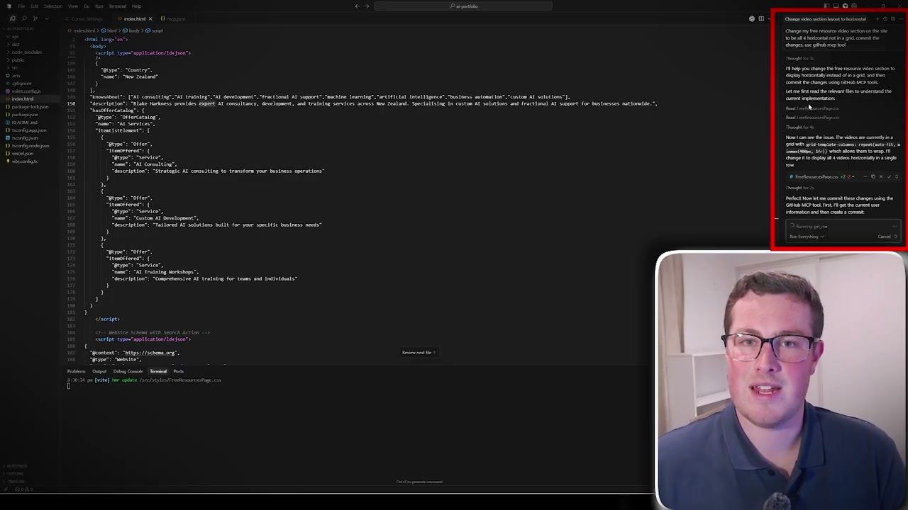Cursor code editor showing JavaScript configuration with error highlighting and MCP auto-commit feature