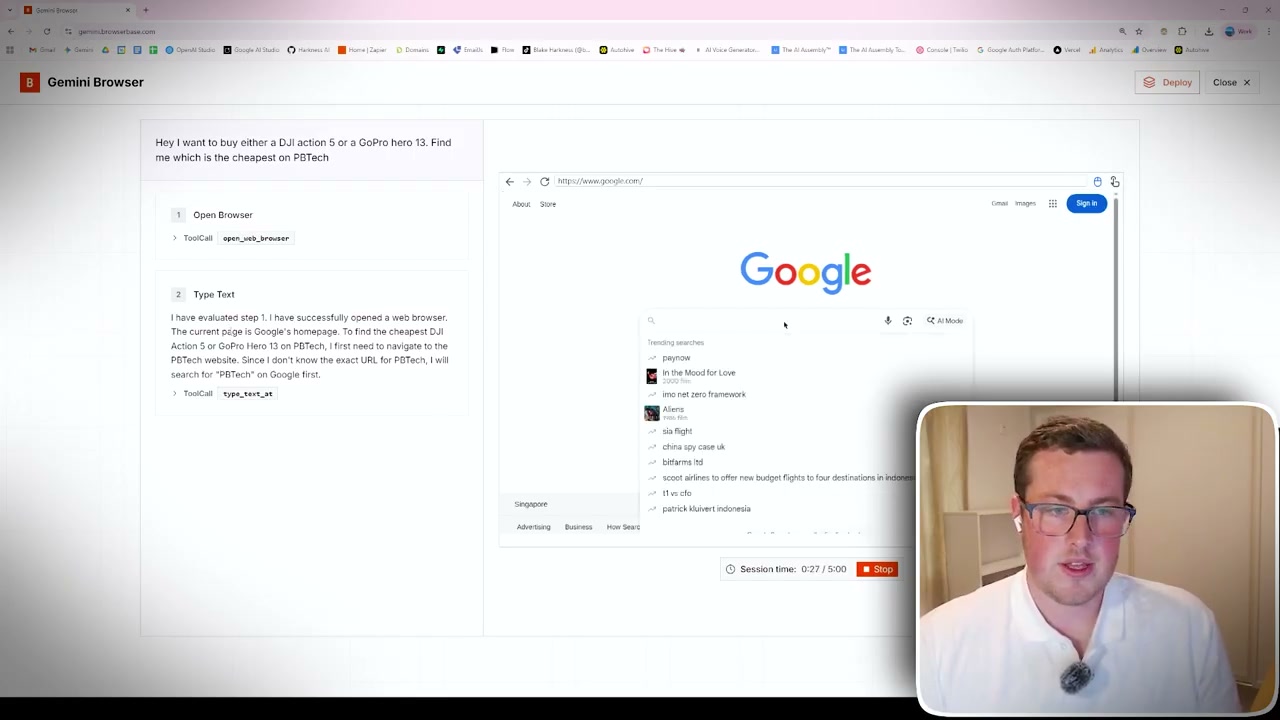 Gemini browser control interface showing Google homepage and automated task execution panel