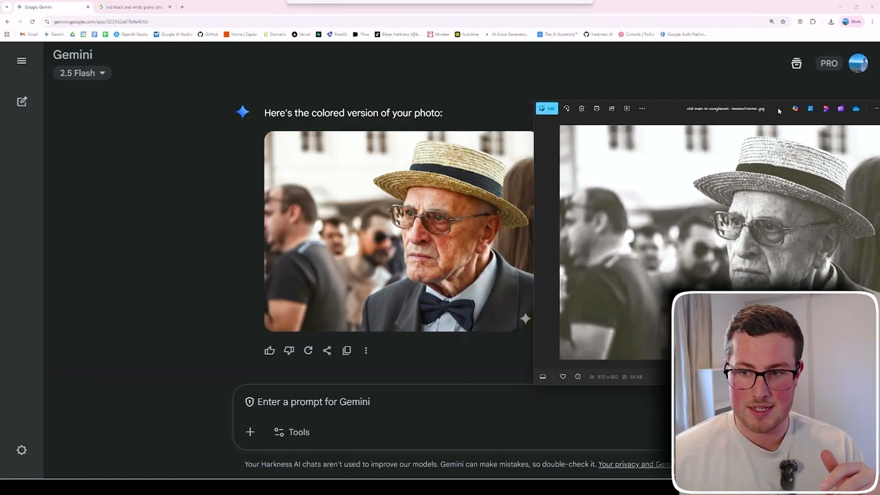 Gemini showing side-by-side comparison of colourised vs original black and white photograph of an elderly man