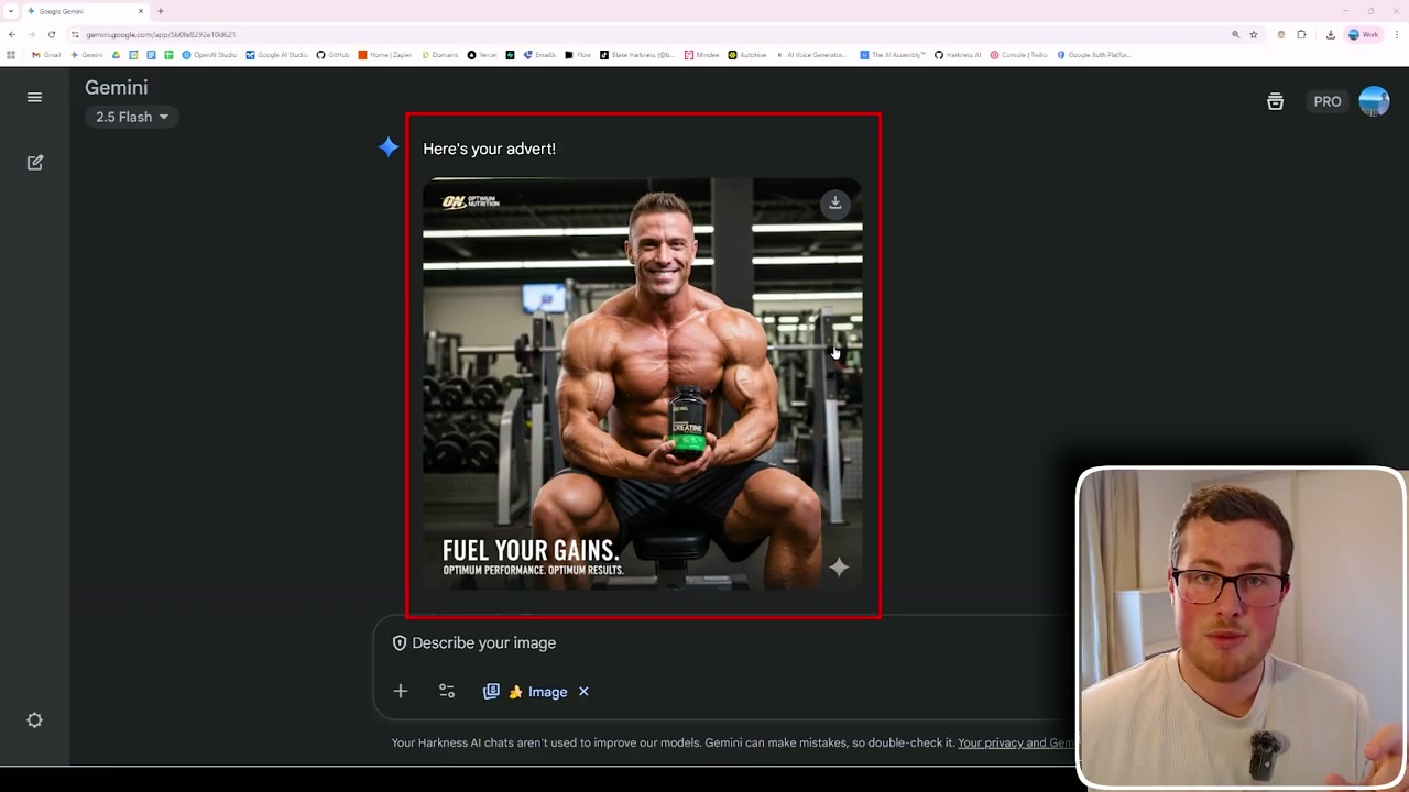 Gemini interface displaying product marketing creative with fitness model and 'Fuel Your Gains' advertisement text