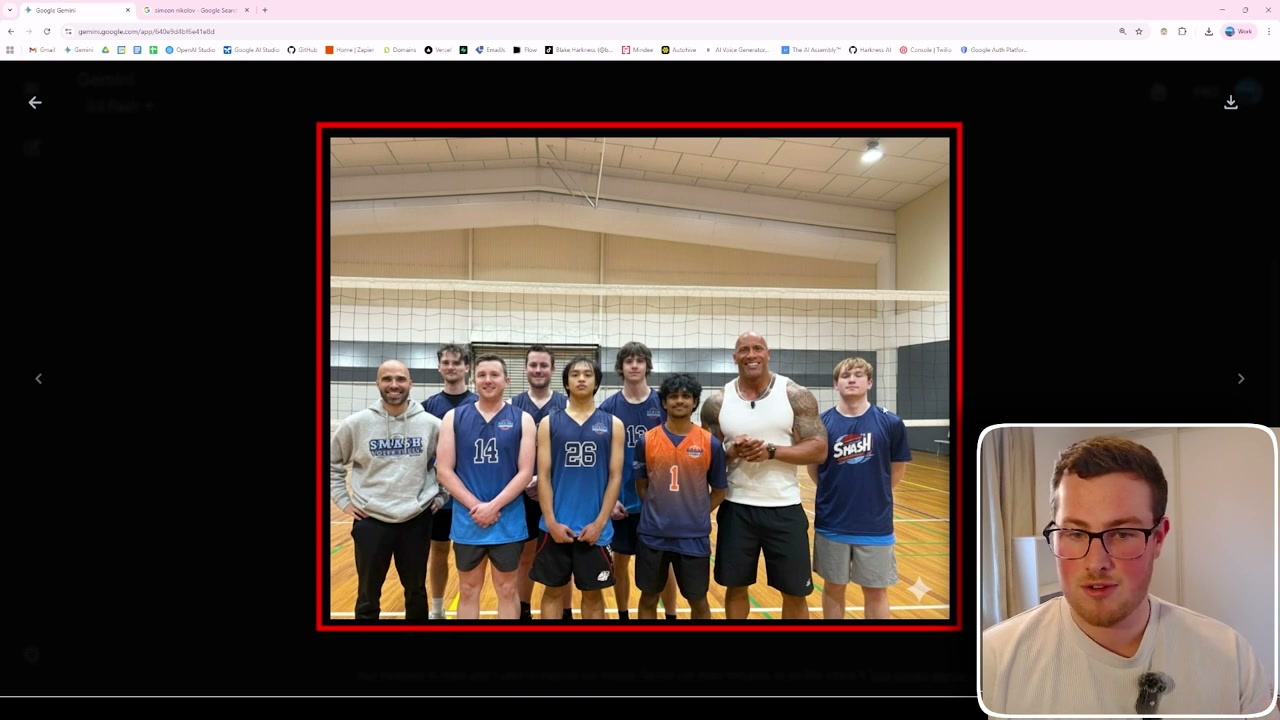 Gemini canvas showing merged image of a basketball team photo with decorative red border frame