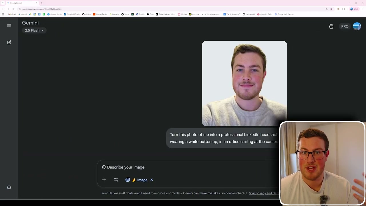 Gemini interface showing image upload and prompt for LinkedIn headshot generation with professional styling instructions