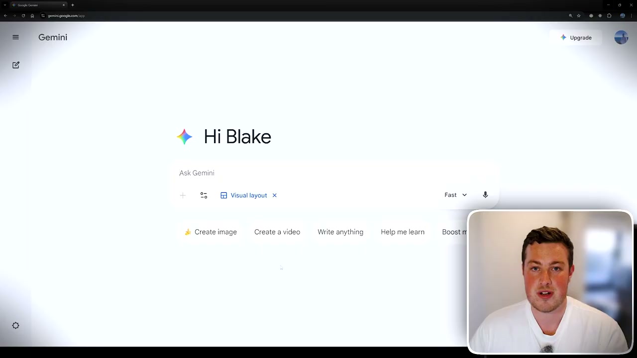 Gemini interface showing Visual layout feature badge and quick action buttons for creating images and videos
