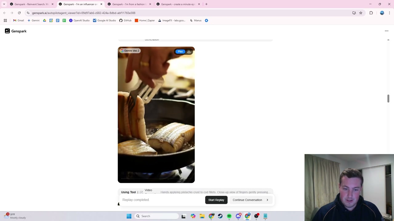 GenSpark result showing video of hands cooking with timestamp and 'Using Tool' overlay