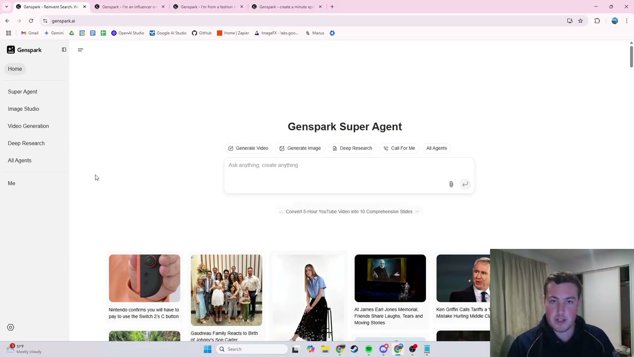 GenSpark homepage showing Super Agent interface with video generation, image studio, and research options