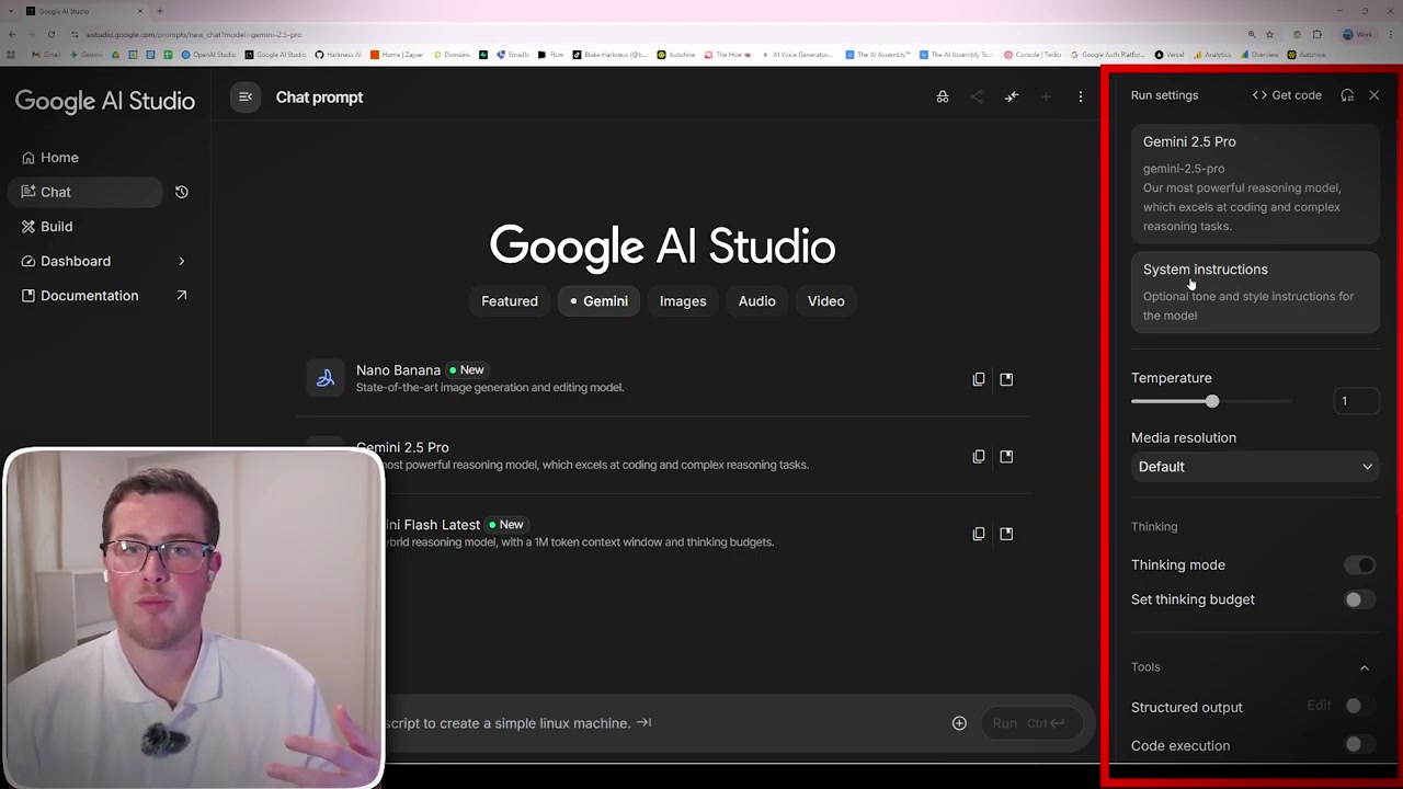 Google AI Studio interface showing featured models including Nano Banana and Gemini 2.5 Flash with run settings panel