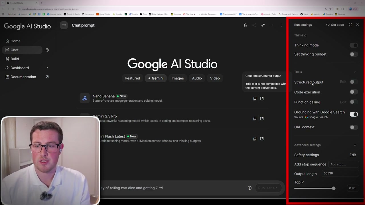 Google AI Studio settings panel showing various customisability options like thinking mode and safety controls