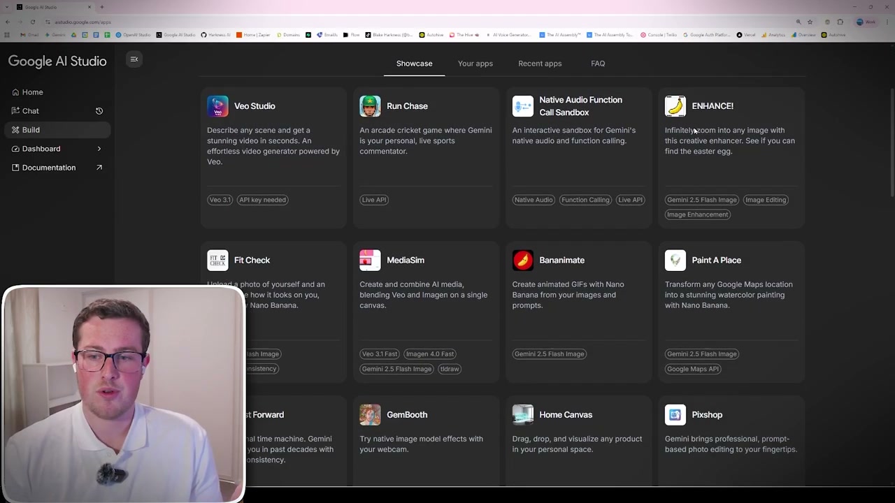 Google AI Studio Build section displaying reusable components grid with tools like Fitz Check, Mixboard, TextFX, and Paint A Piece