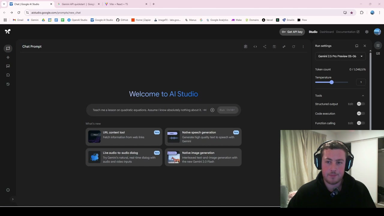 Google AI Studio welcome screen with new features and API tools