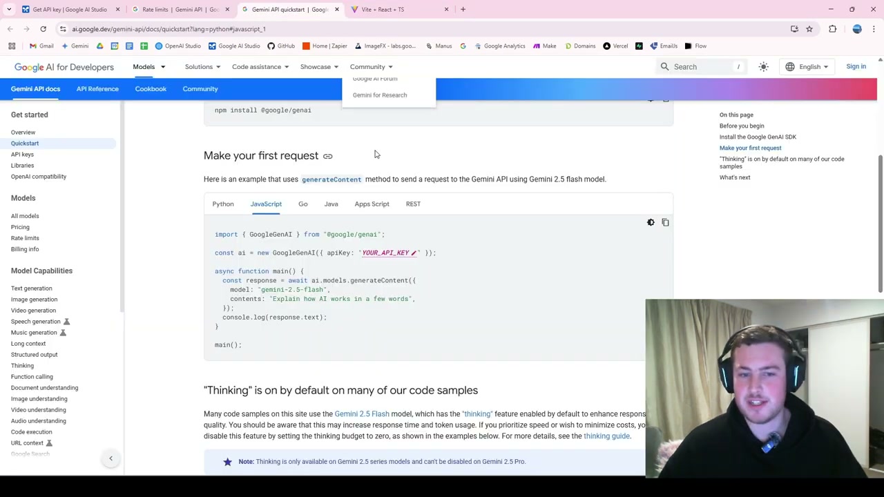 Google API documentation showing code examples and API setup