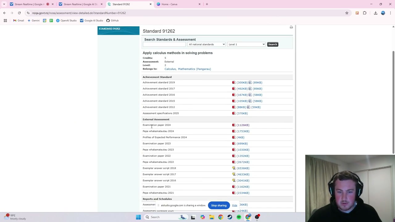 NCEA Standards & Assessment page showing list of achievement standards by level and category
