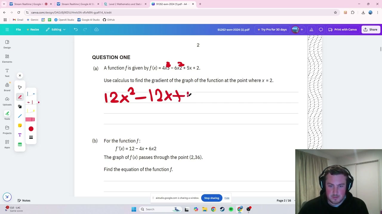 Student handwritten solution showing calculus working with equation 12x squared minus 12x plus b