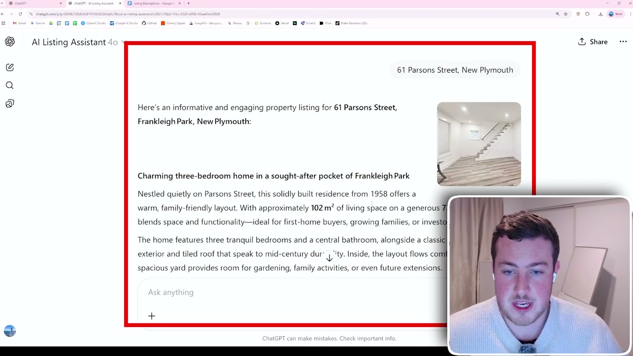 ChatGPT generating AI property listing for Parsons Street showing generated description