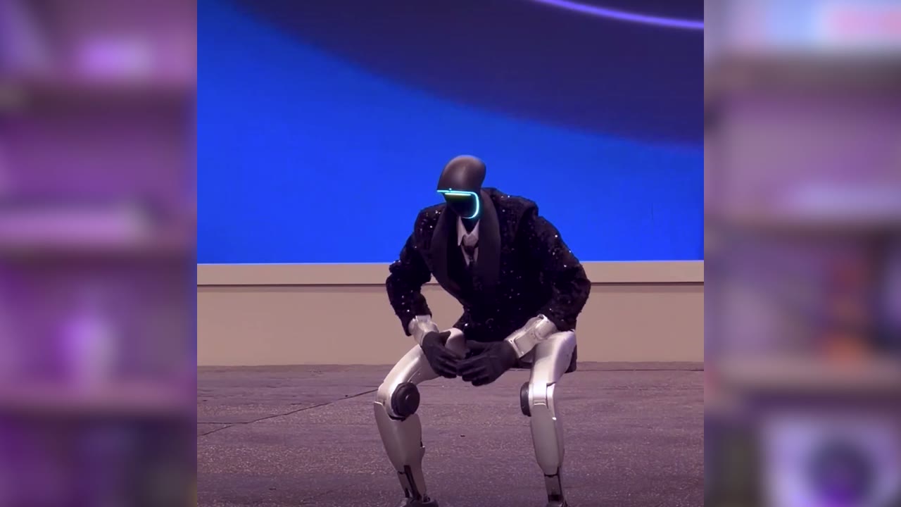 Humanoid robot in a suit performing a dance routine on stage in China